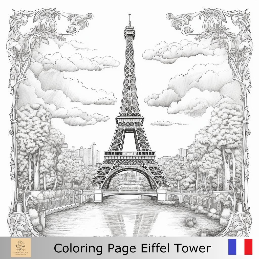 Greyscale eiffel tower france printable coloring page printable adult coloring page download greyscal illustration