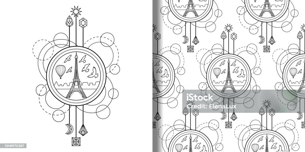 Eiffel tower print and seamless pattern set stock illustration