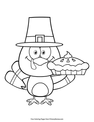 Cute turkey holding a pie coloring page â free printable pdf from