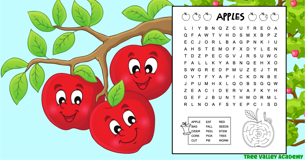 Easy apple word search for kids