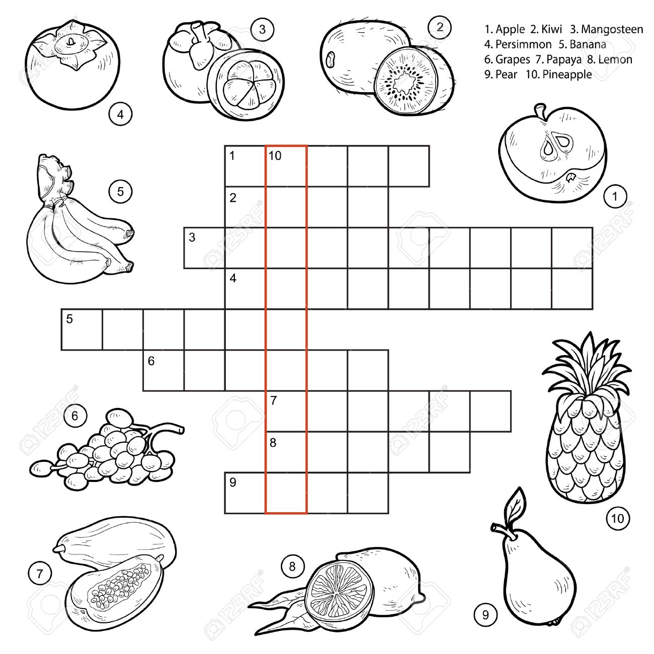 Vector crossword game for children about fruits apple kiwi mangosteen persimmon banana grapes papaya lemon pear pineapple royalty free svg cliparts vectors and stock illustration image