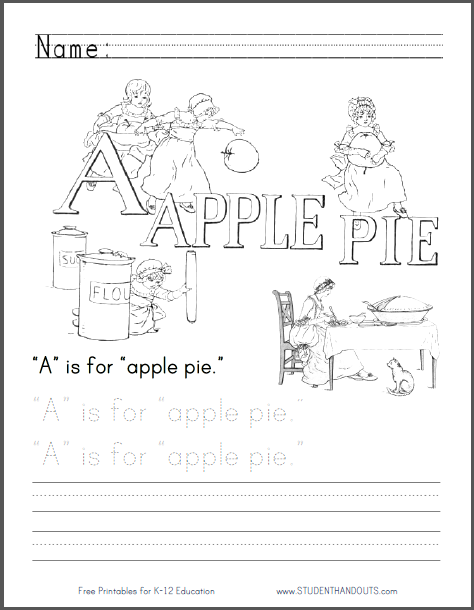 A is for apple pie coloring page student handouts