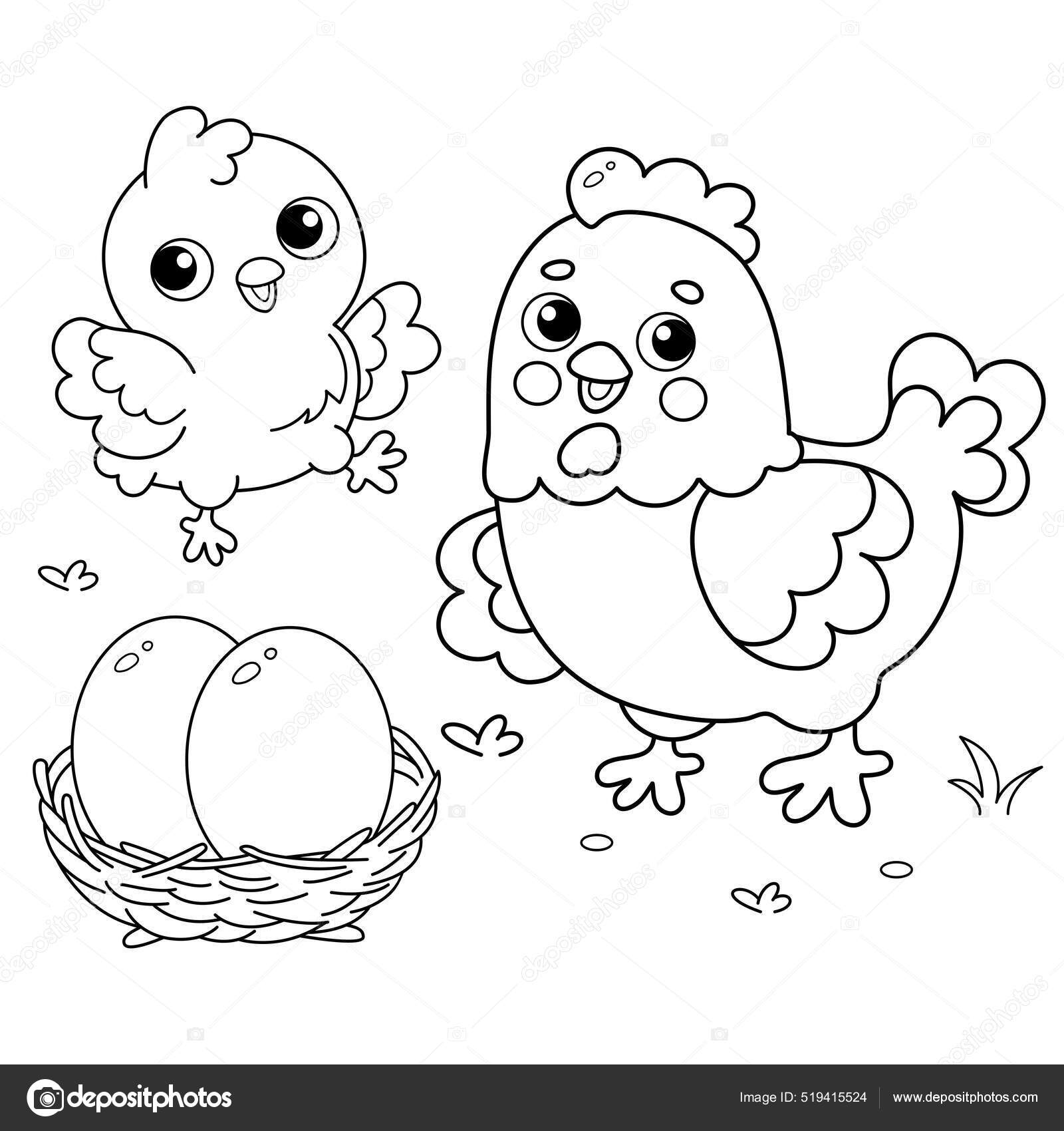 Pãgina para colorear esquema gallina dibujos animados con pollita nido vector de stock por oleon