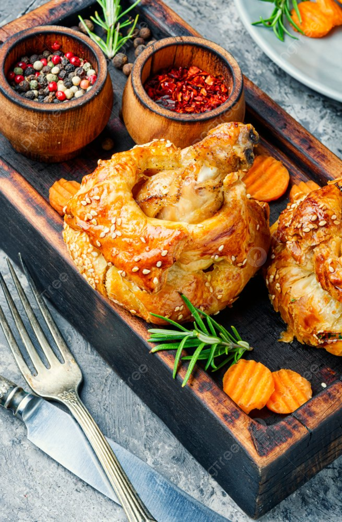 Fondo piernas de pollo en hojaldrepierna de pollo en hojaldre sobre tabla de cortar pierna de pollo horneada en masa foto e imagen para dcarga gratuita