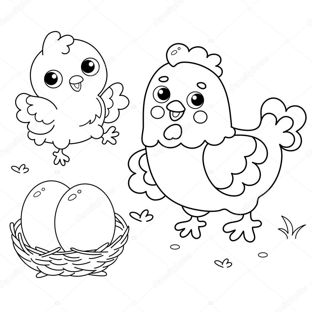 Pãgina para colorear esquema gallina dibujos animados con pollita nido vector de stock de oleon