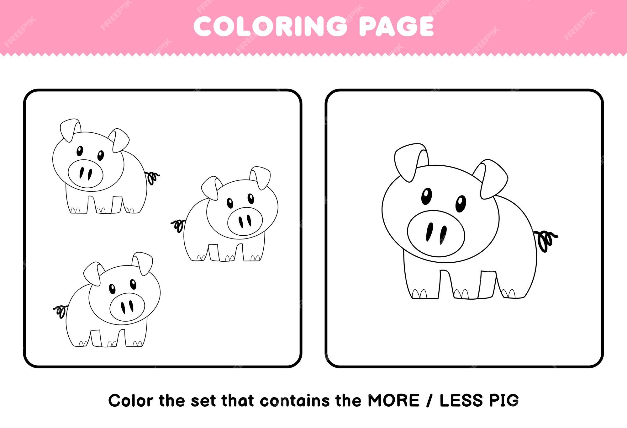 Premium vector education game for children coloring page more or less picture of cute cartoon pig line art set printable worksheet