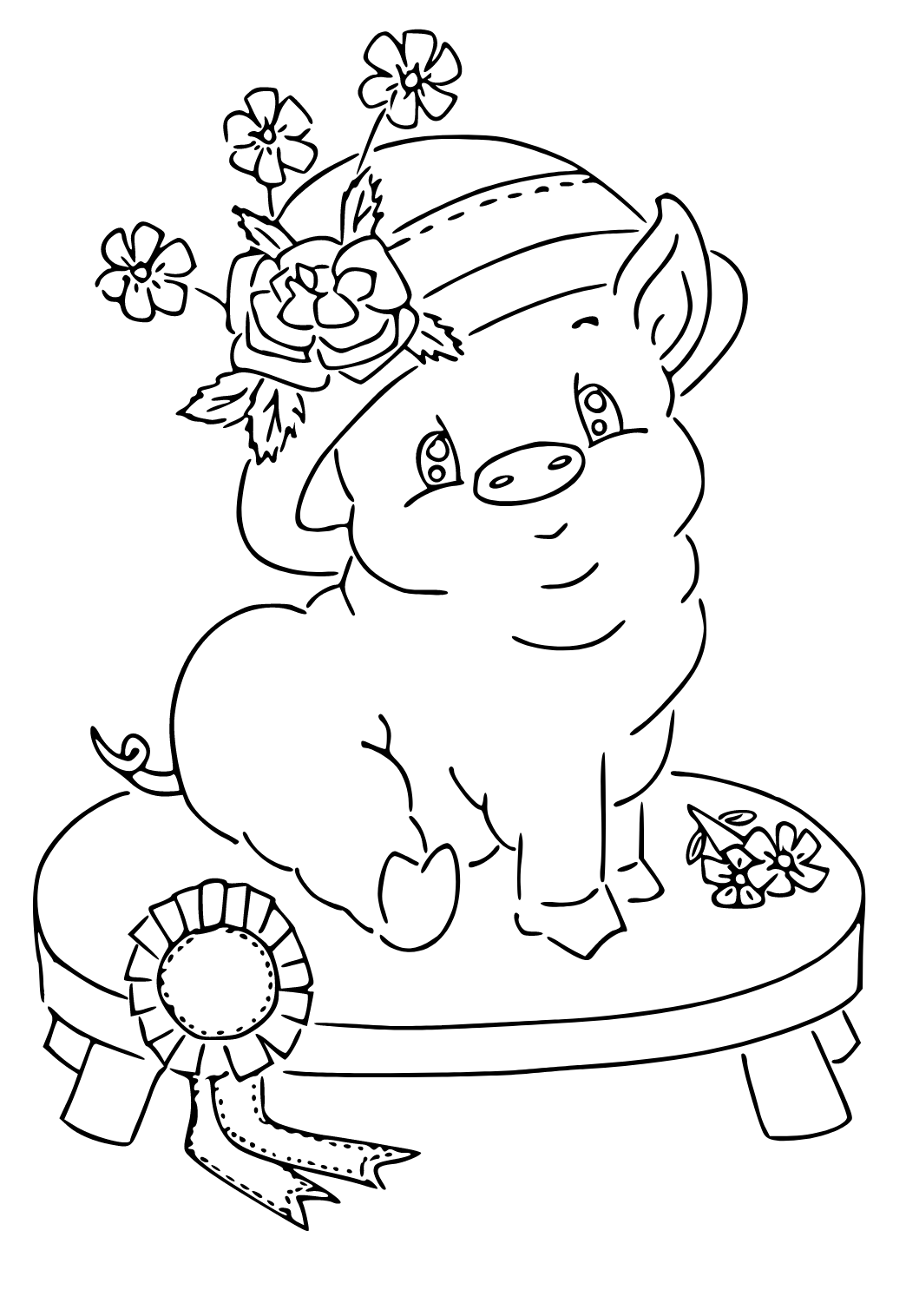 Free printable pig flowers coloring page for adults and kids