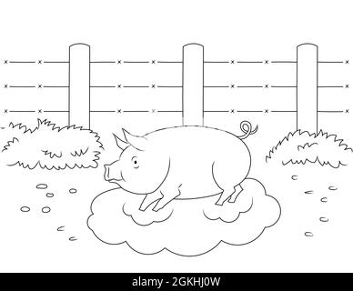 Outline black and white drawing of a pig in mud fence and grass farm animal coloring page for kids you can print it on x inch paper stock photo