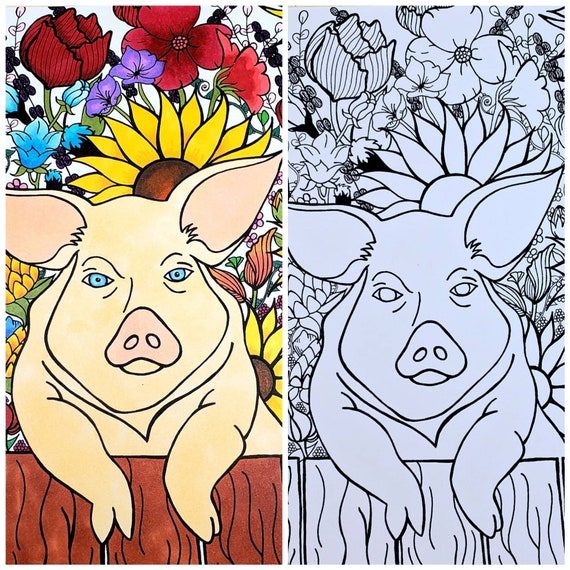 Pig and flowers printable coloring page pig coloring page digital download adult coloring page zentange coloring pig art print