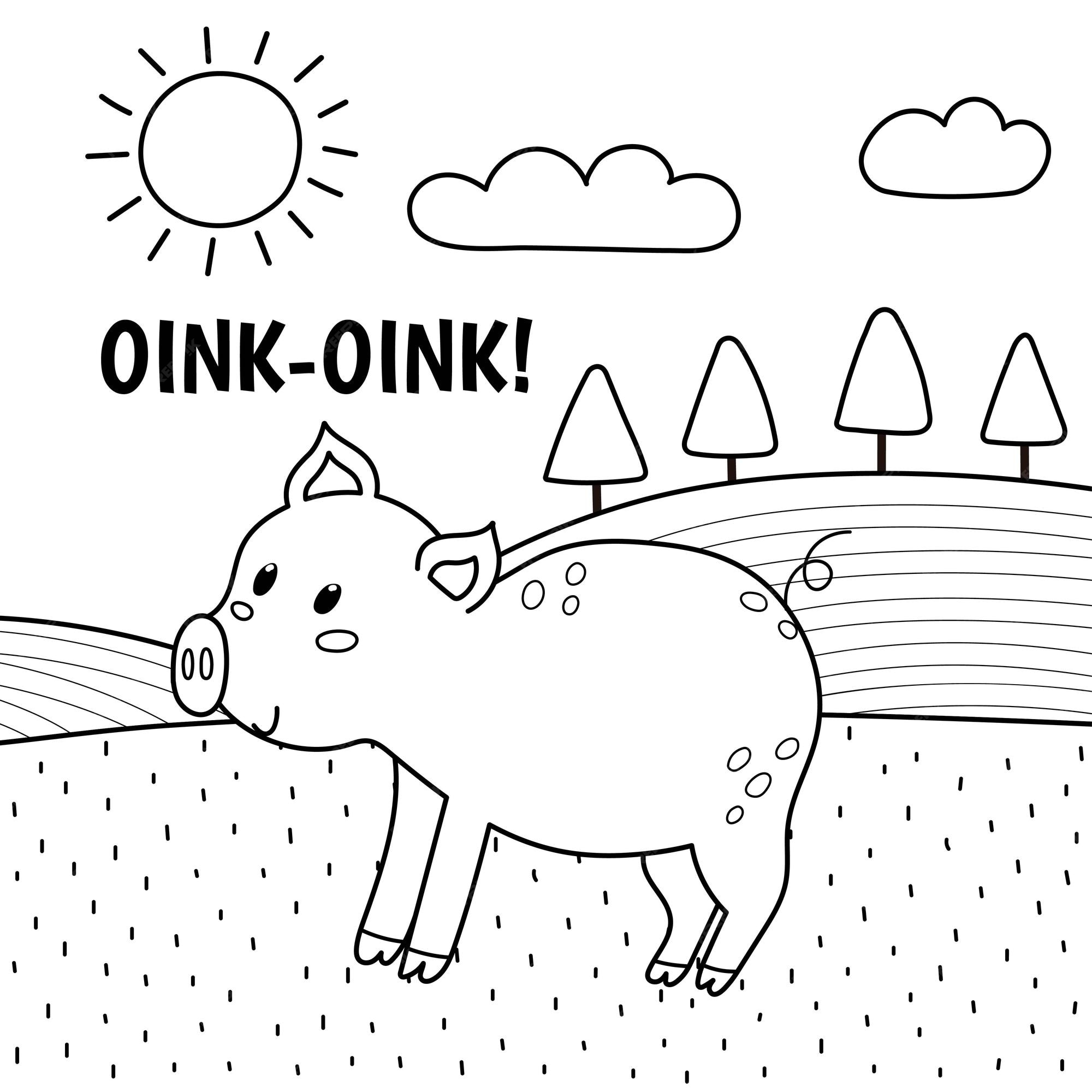Premium vector pig saying oink print in black and white coloring page with cute farm character on a green pasture