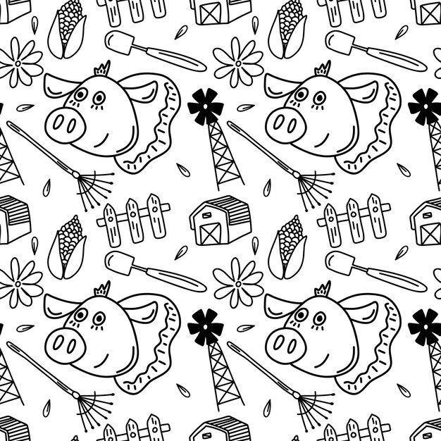 Premium vector farm seamless pattern with pig barn fence flower corn as coloring book for kids