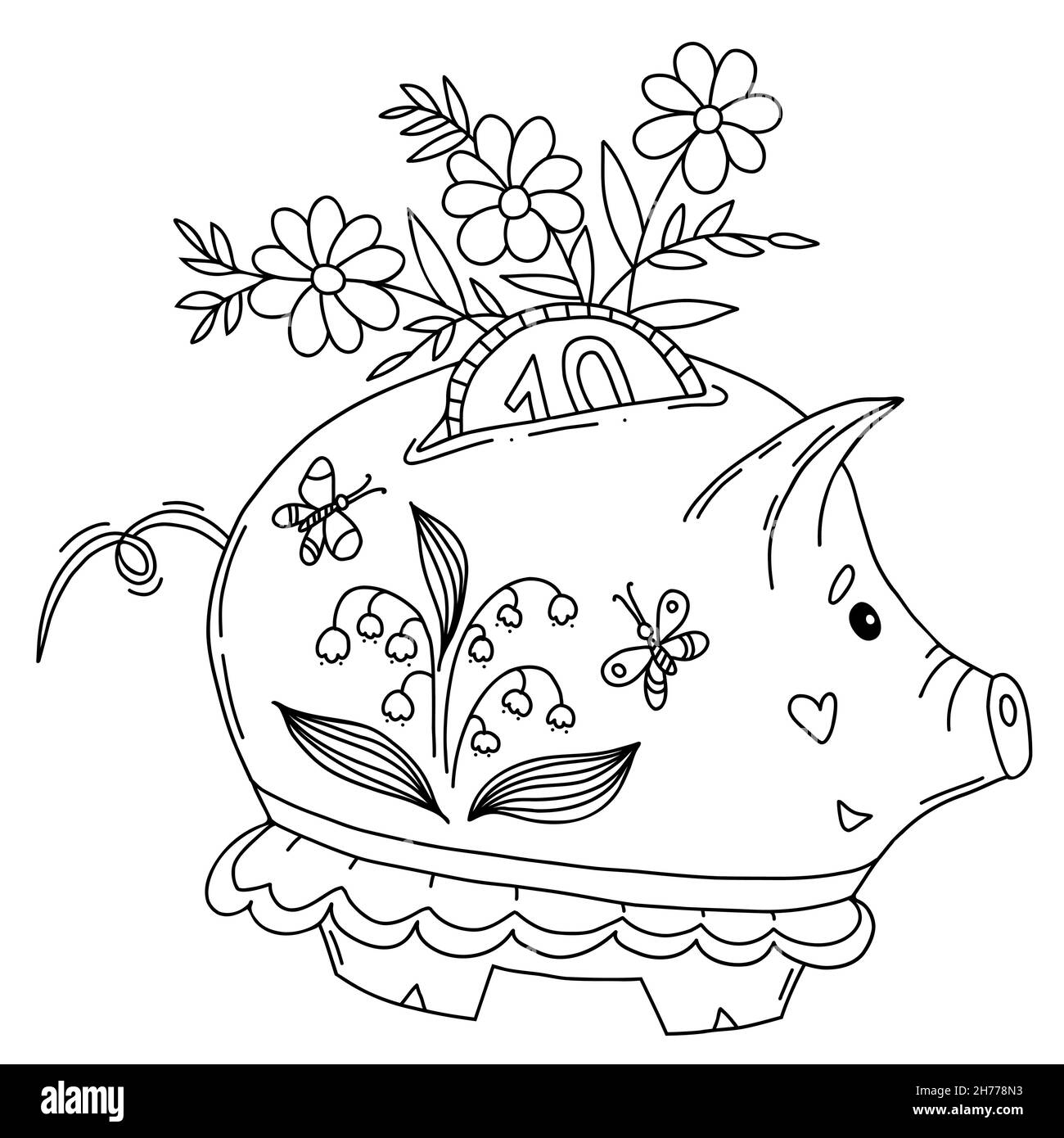 Cute spring pig piggy bank vector illustration in hand doodle style pig piggy bank with coin bouquet of flowers lilies of valley and butterflies stock vector image art