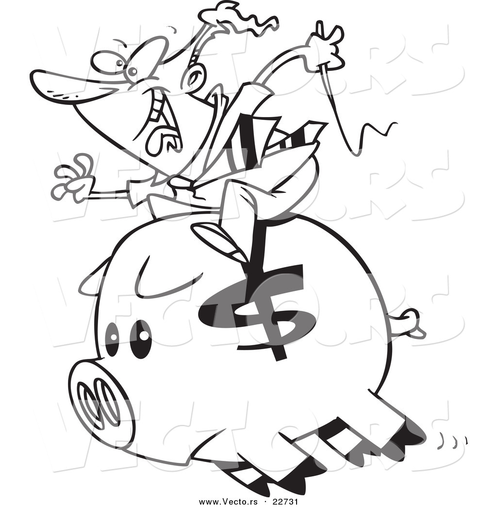 R of a cartoon businessman riding a piggy bank