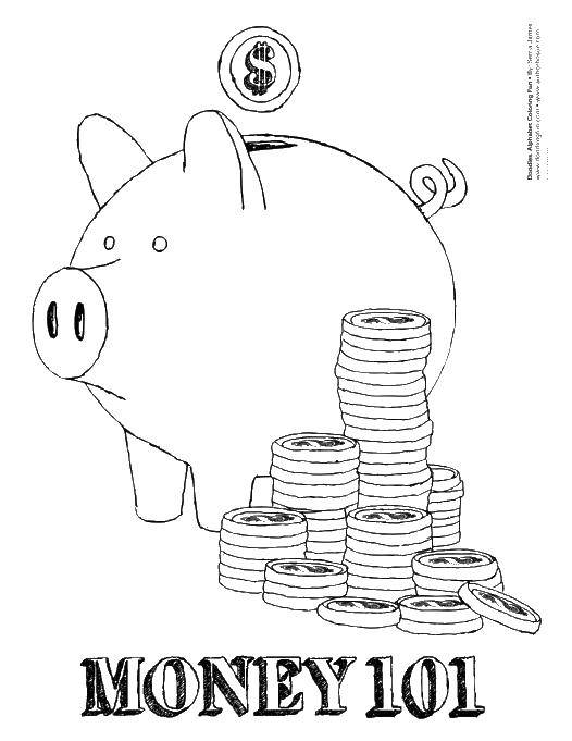 Online coloring pages coloring page coin in a piggy bank money download print coloring page