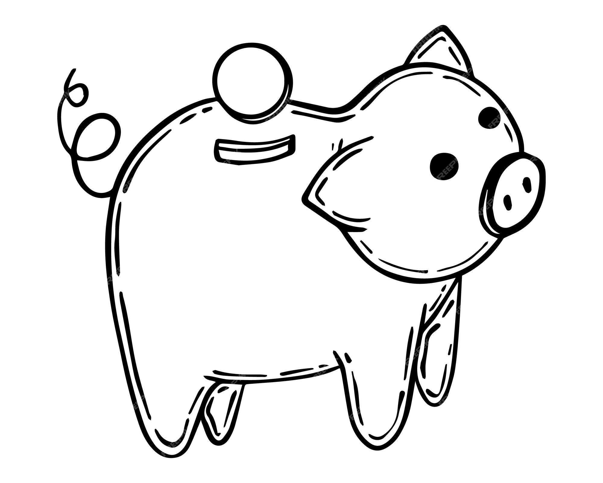 Premium vector pig piggy bank with coin doodle linear