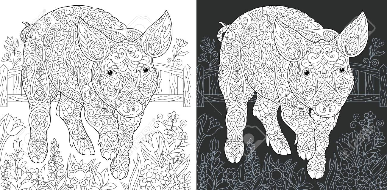 Pig coloring page coloring book colouring picture with piggy drawn in style antistress freehand sketch drawing vector illustration royalty free svg cliparts vectors and stock illustration image