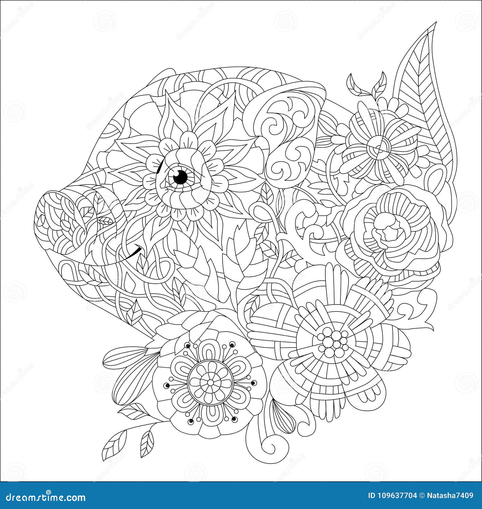 Piggy with flowers coloring book for adults vector stock vector