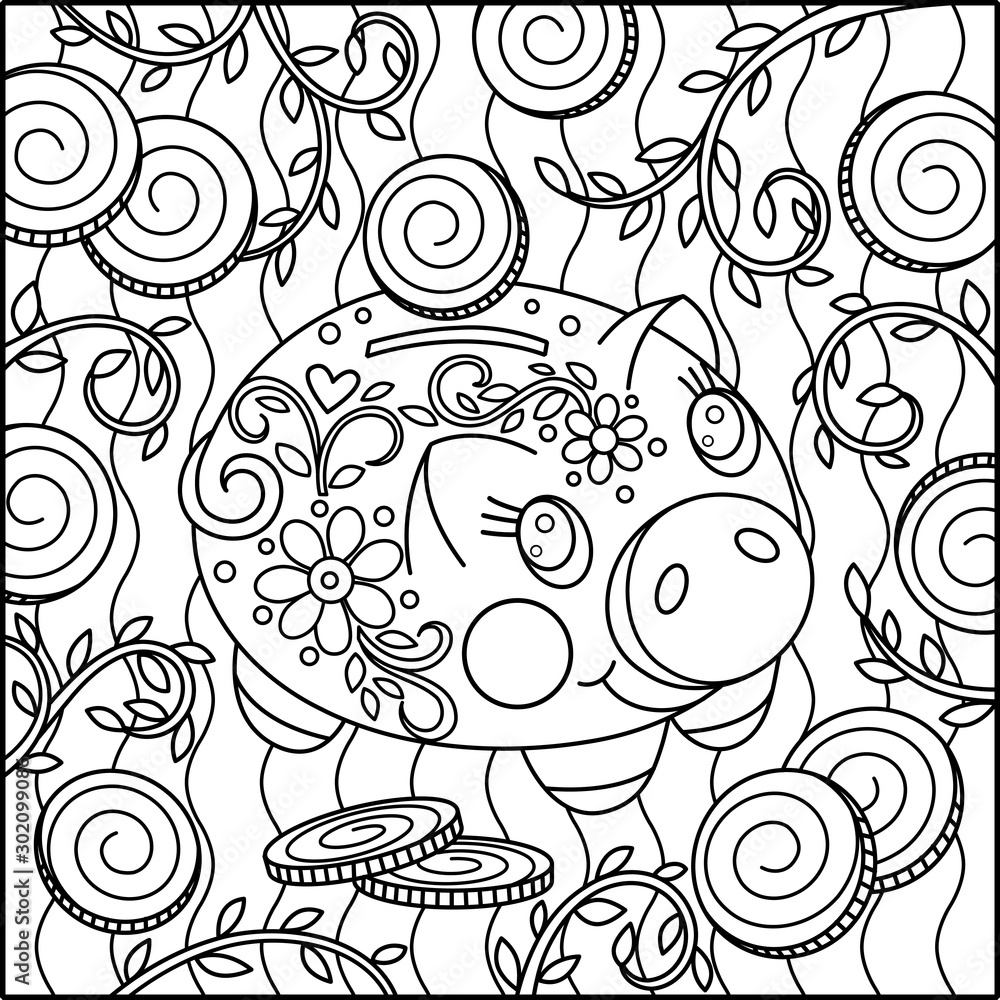 Creative cute pig coloring page graphical money box cartoon piggy bank vector