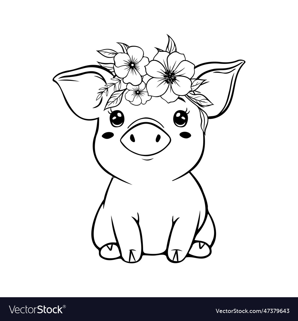 Pig in a flower headband outline colouring page vector image