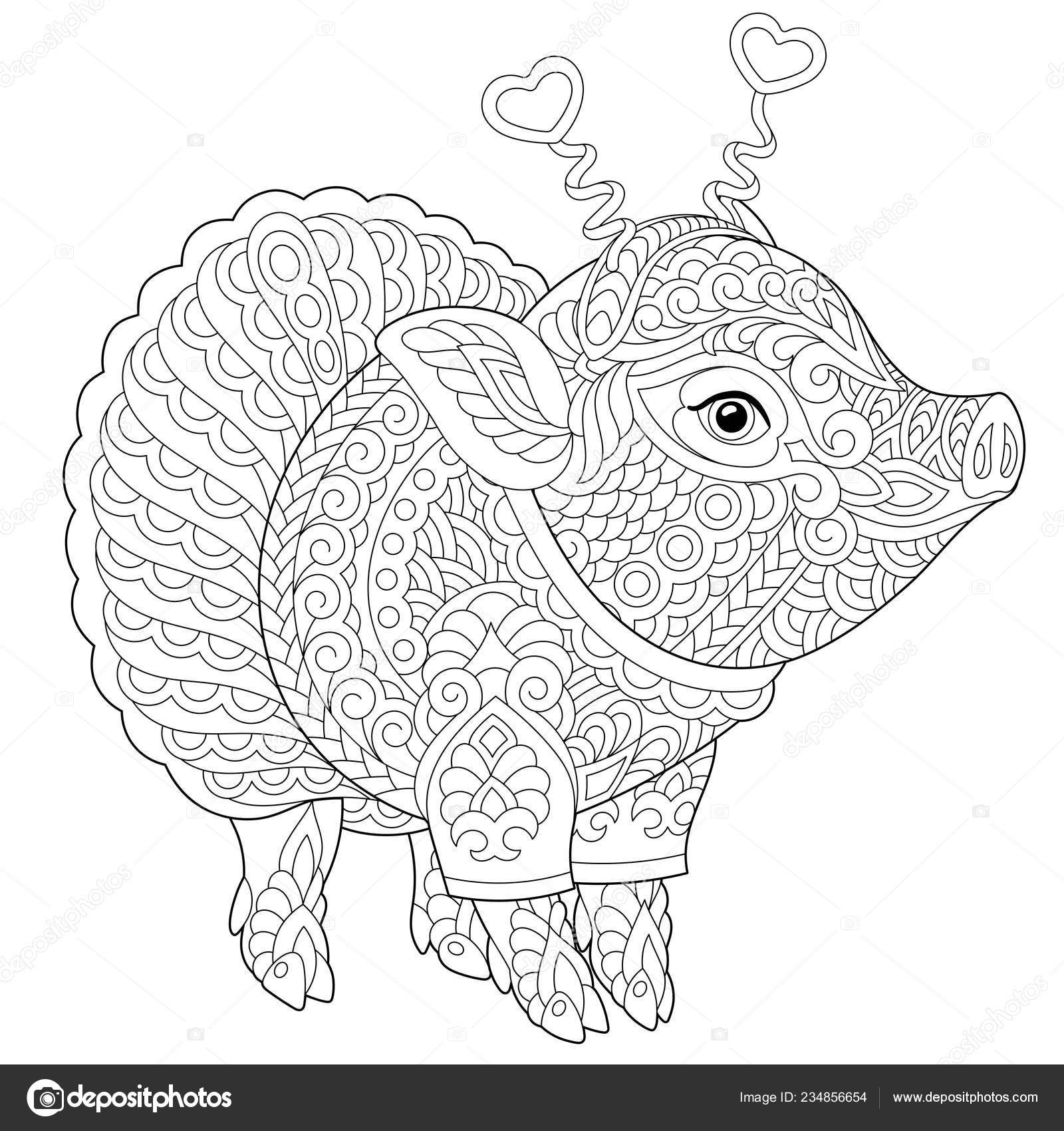 Pig coloring page stress colouring picture cute piggy chinese stock vector by sybirko