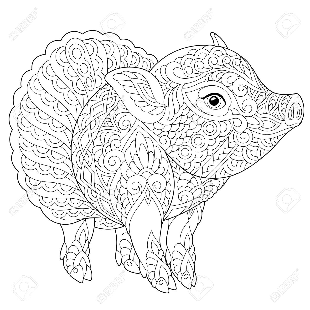 Pig coloring page anti stress colouring picture with cute piggy chinese new year animal symbol freehand sketch drawing with doodle royalty free svg cliparts vectors and stock illustration image