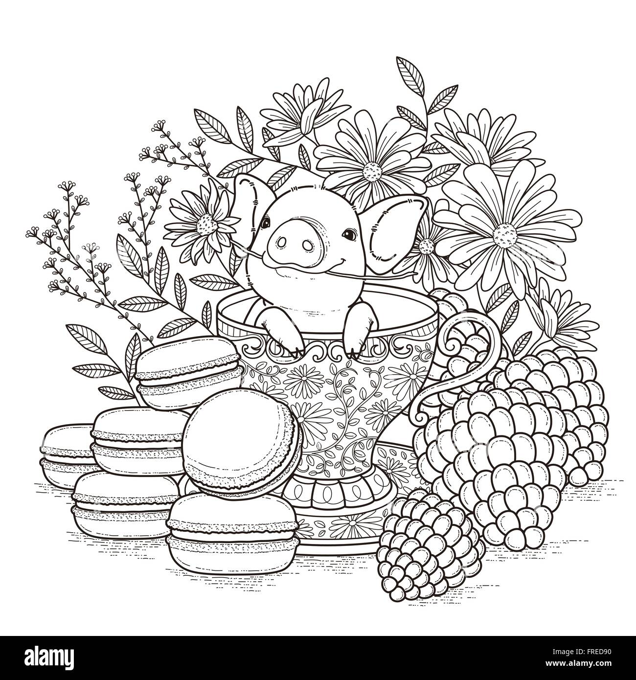 Adorable piggy coloring page in exquisite style stock vector image art