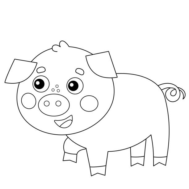 Coloring page outline of cartoon little piggy farm animals coloring book for kids stock illustration