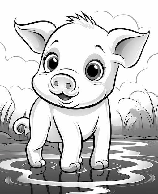 Premium ai image cheerful piglet coloring page for kids with cute baby pig in a sty