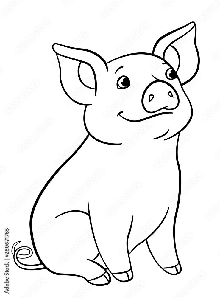 Coloring pages little cute piglet sits and smiles vector