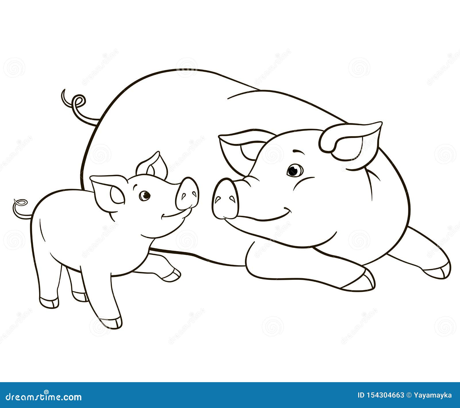 Coloring pages mother pig looks at her little cute piglet stock vector