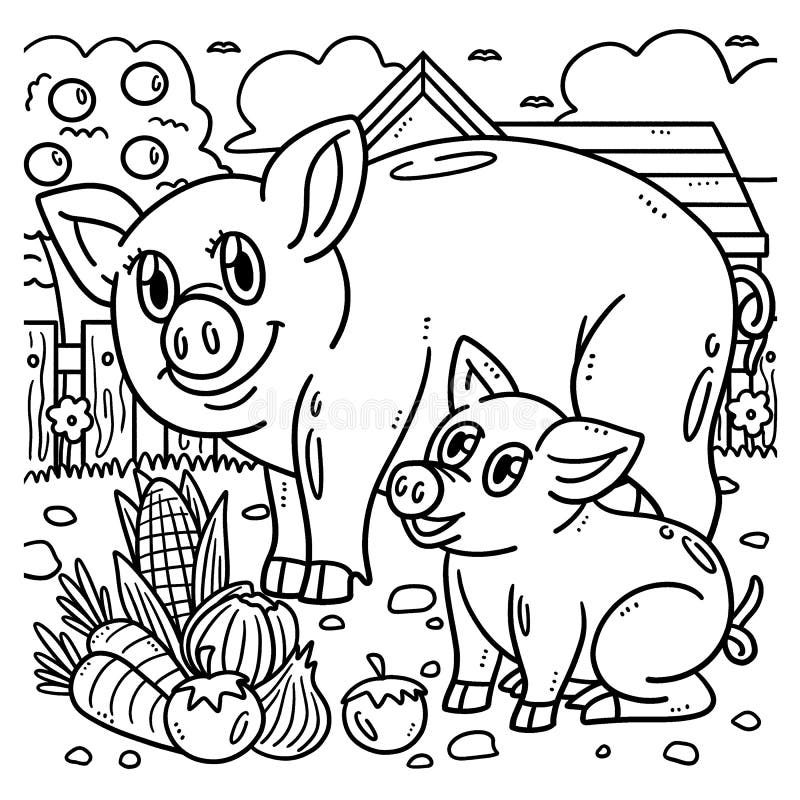 Mother pig and piglet coloring page for kids stock vector