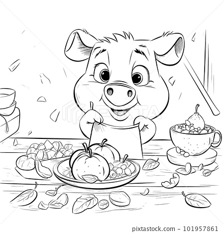 Pig black and white coloring pages for kids