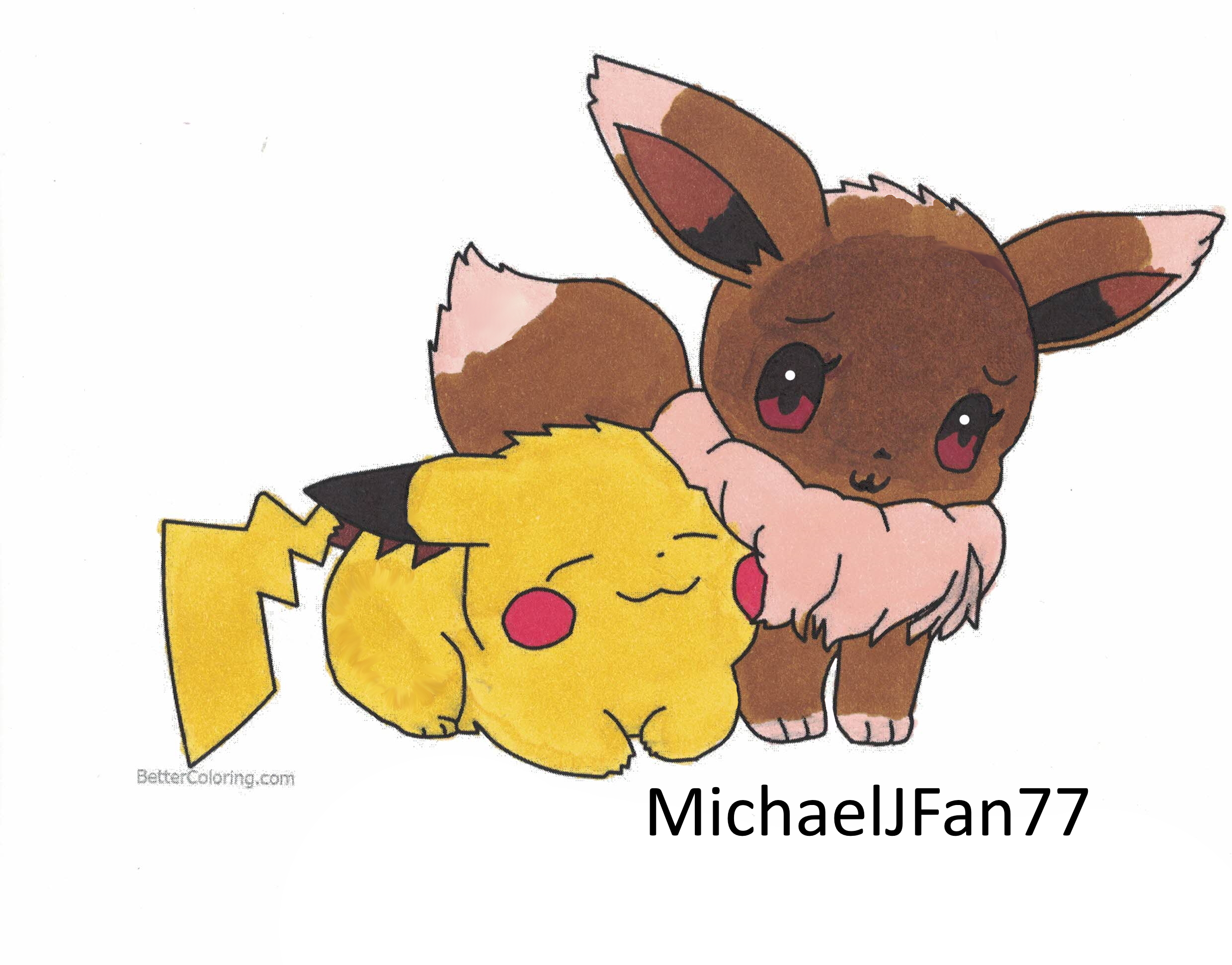 Eevee and pikachu coloring page done by michaeljfan on