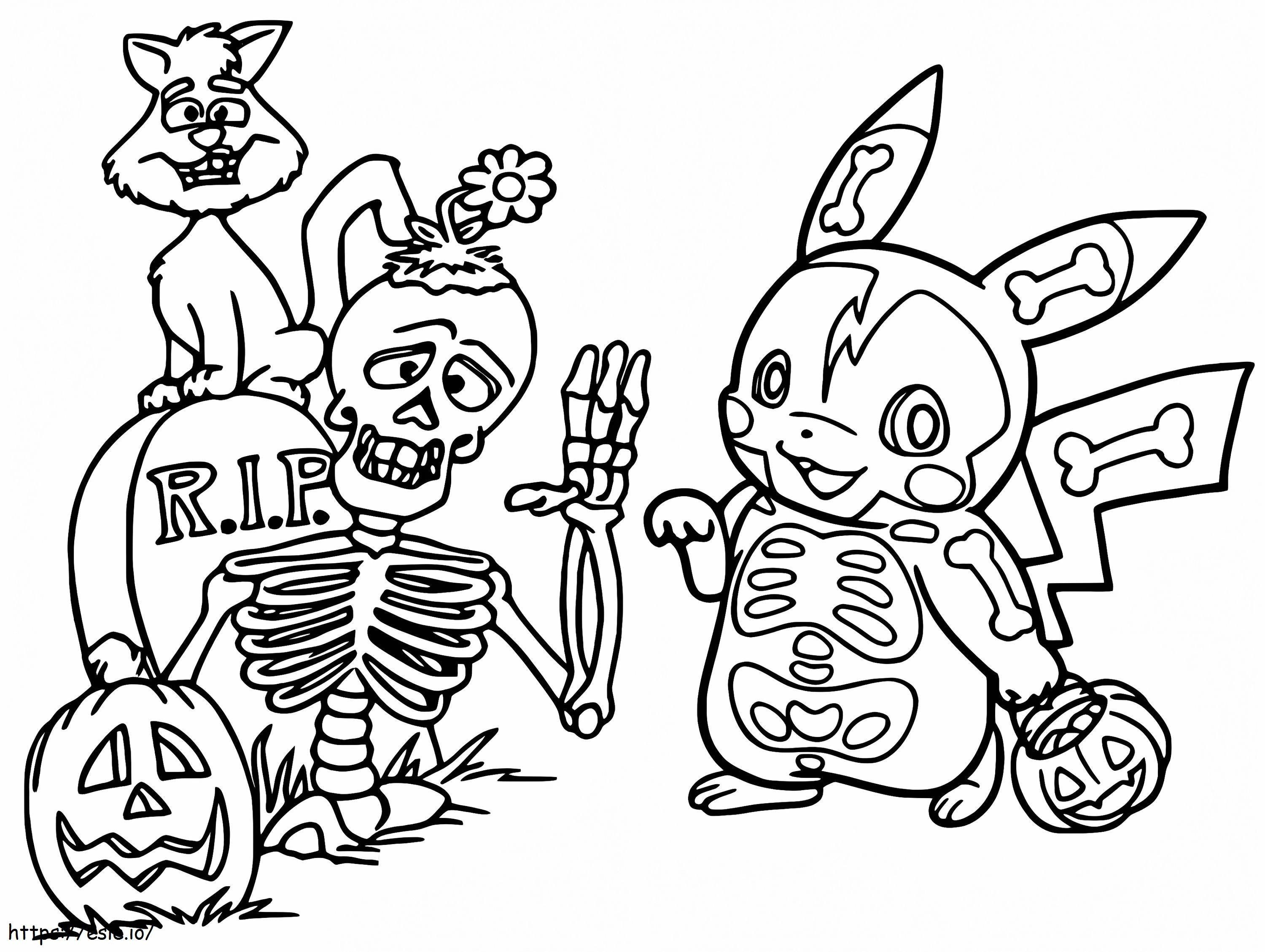 Pikachu and halloween skeleton coloring page