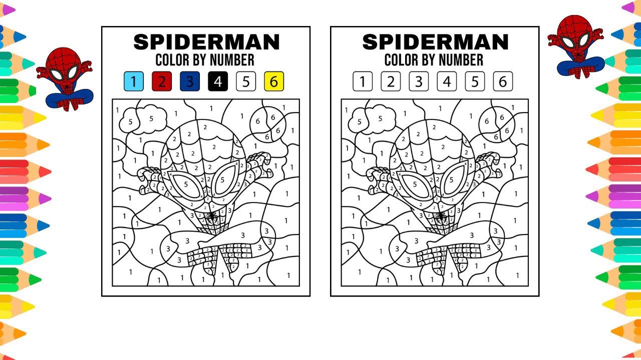 Spideran color by nuber coloring pages printable worksheet spideran