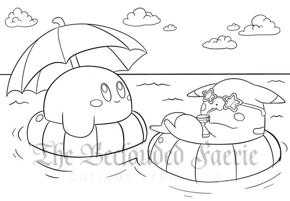 Kirby and pikachu summer ocean coloring page