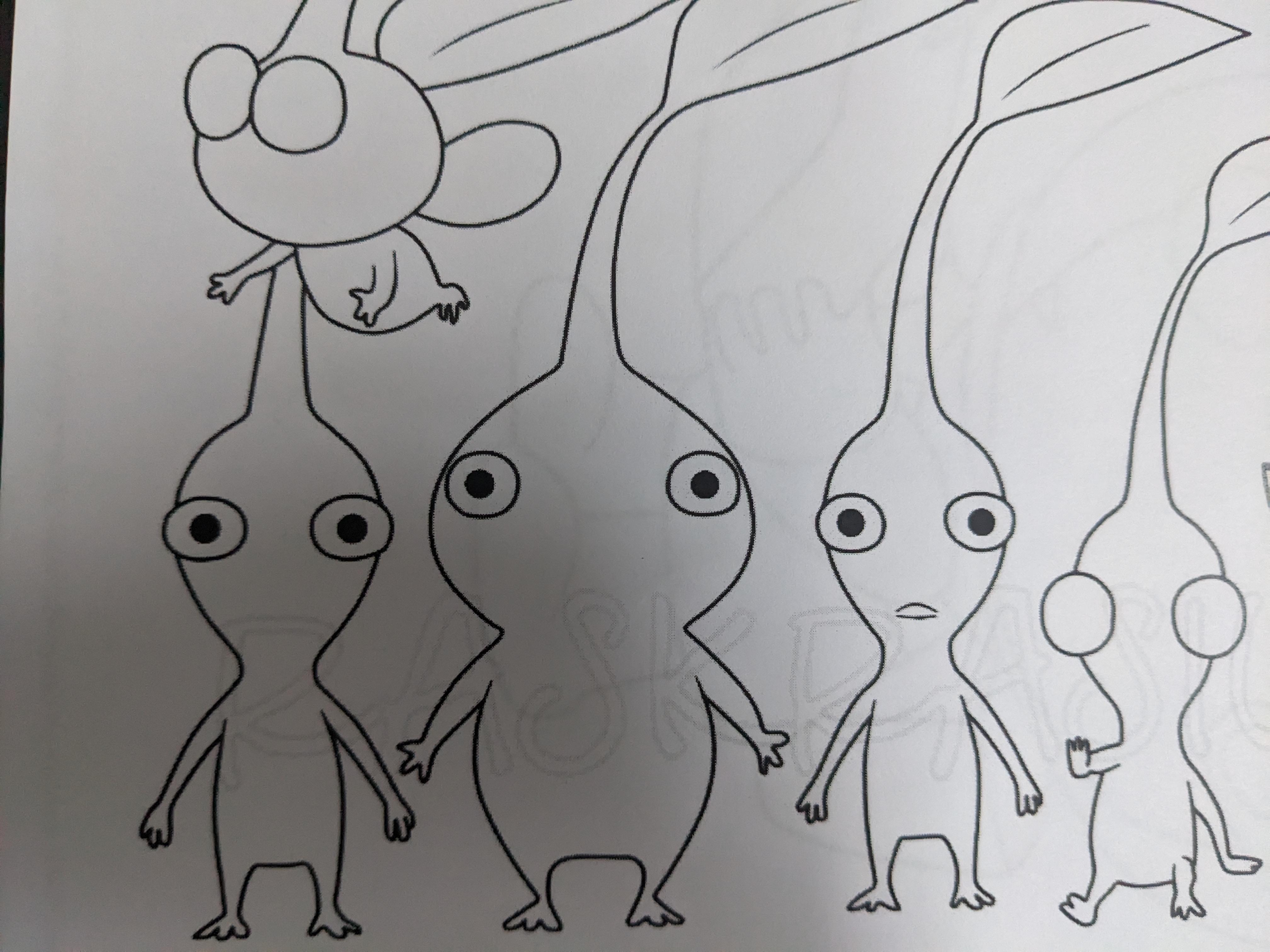 My mom printed out some pikmin colouring pages for me to do and im losing my mind with this bald purple pikmin ðalso wheres the reds nose rpikmin