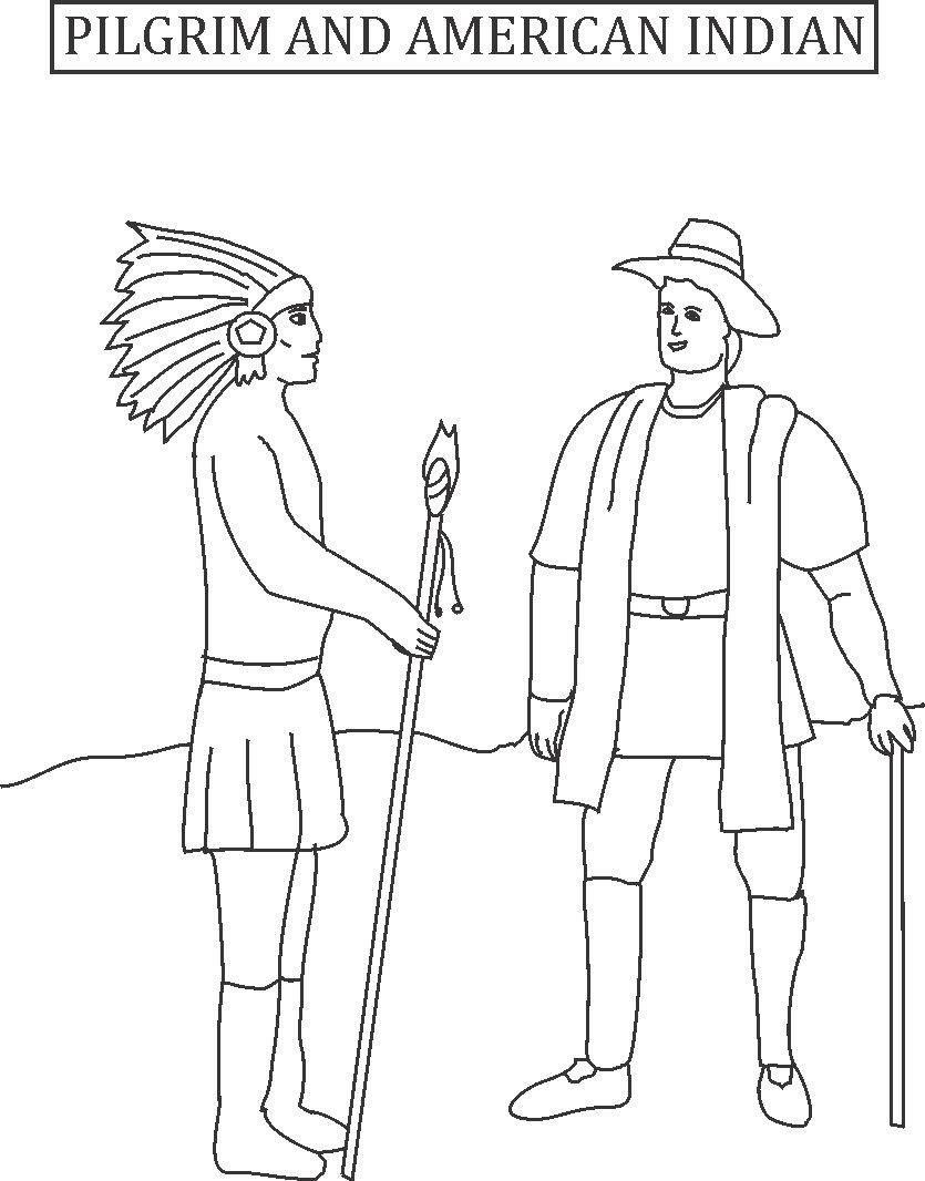 Pilgrim and american indian printable coloring page