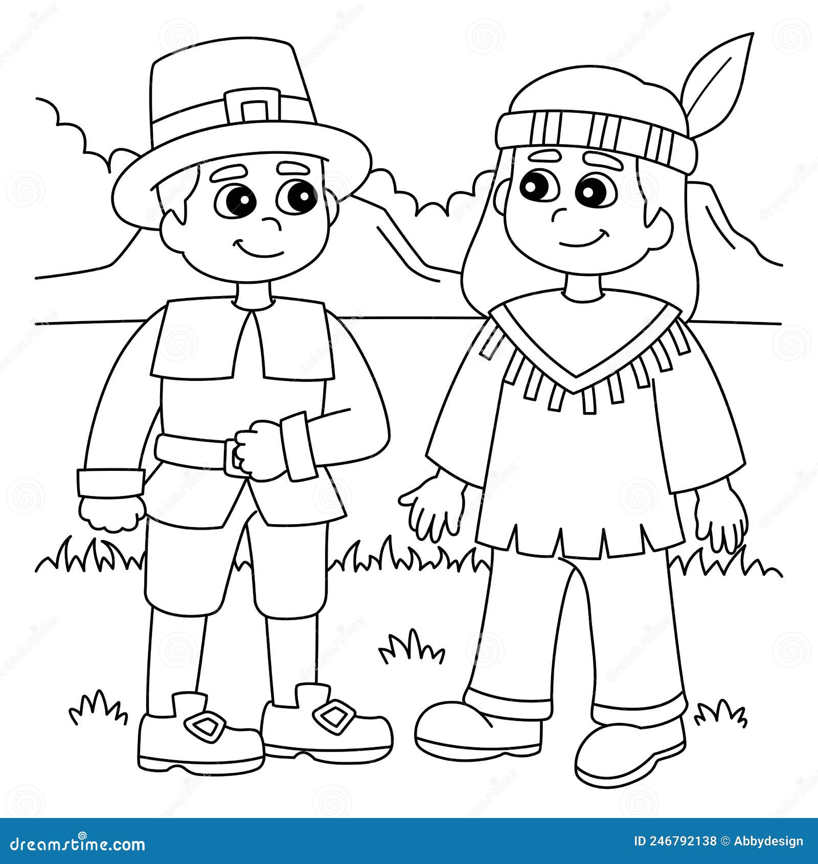 Thanksgiving pilgrim native american boy coloring stock vector