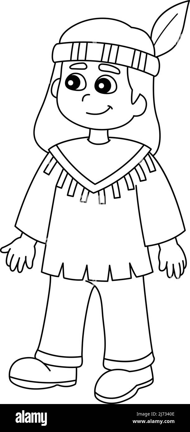 Thanksgiving pilgrim native boy isolated coloring page stock vector image art