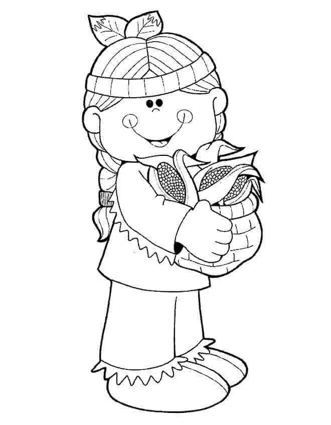 Cheerful indian girl holding a basket in her hands coloring page