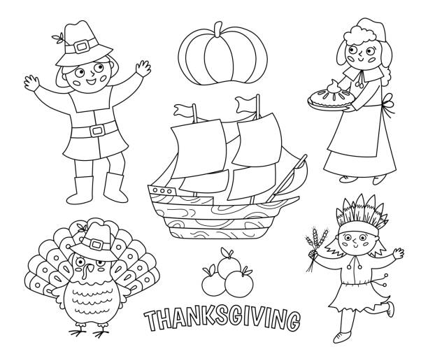 Black and white thanksgiving day characters set vector autumn line icons collection with pilgrims native indian ship turkey pumpkin cute outline fall holiday collection or coloring page stock illustration