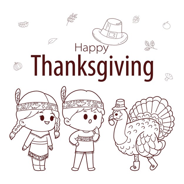 Premium vector thanksgiving hand drawn doodle with american indian children turkey pilgrim hat autumn leafs cartoon character vector