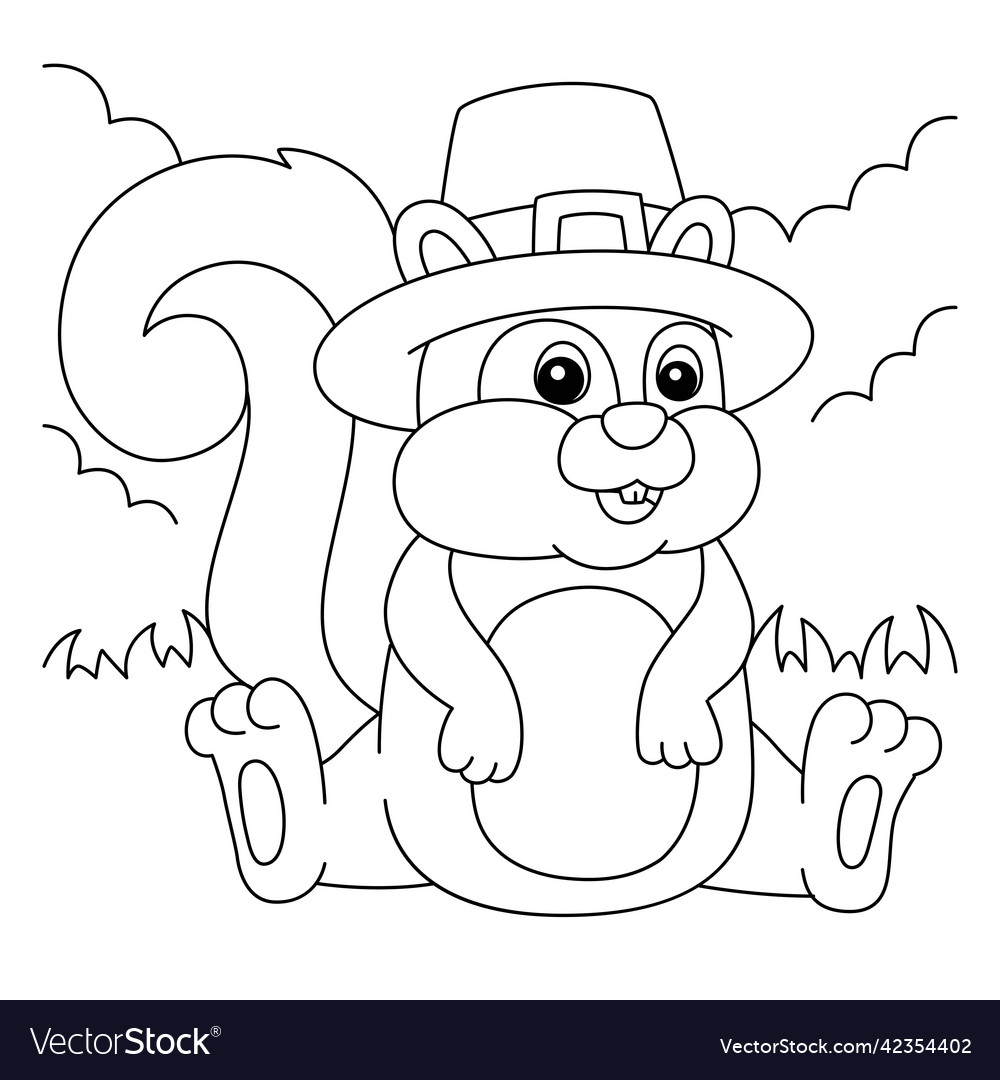 Thanksgiving squirrel pilgrim hat coloring page vector image