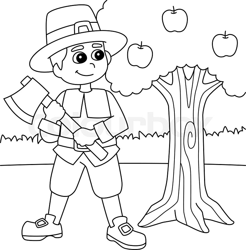 Thanksgiving pilgrim boy holding axe coloring page stock vector