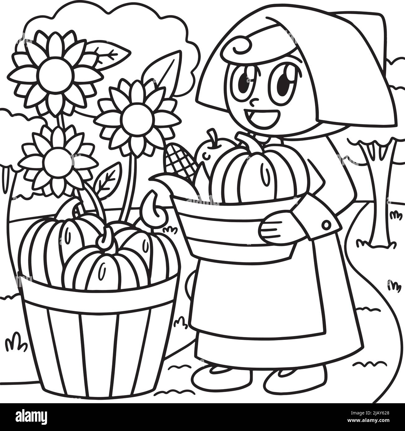 Thanksgiving pilgrim girl coloring page for kids stock vector image art