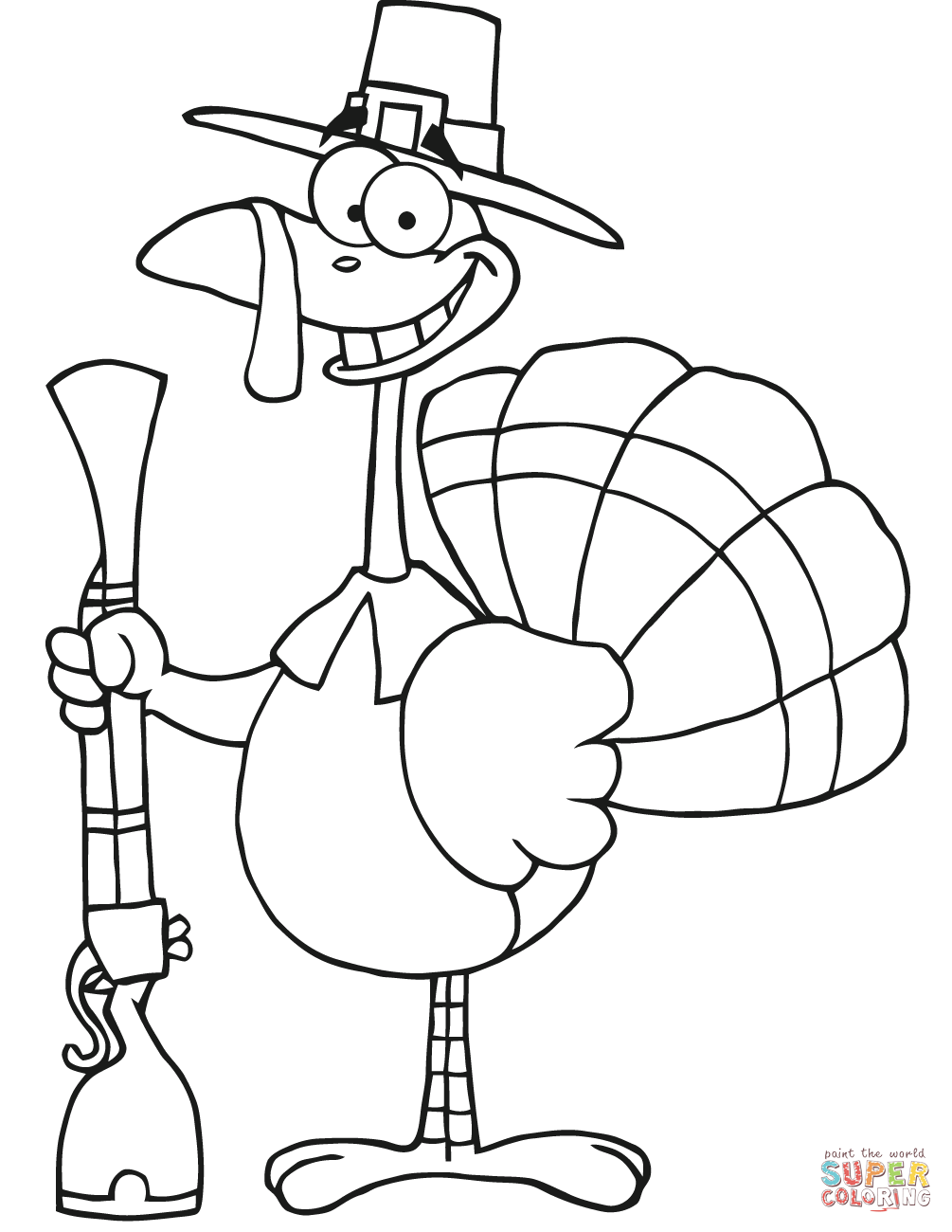 Happy turkey with pilgrim hat and musket coloring page free printable coloring pages