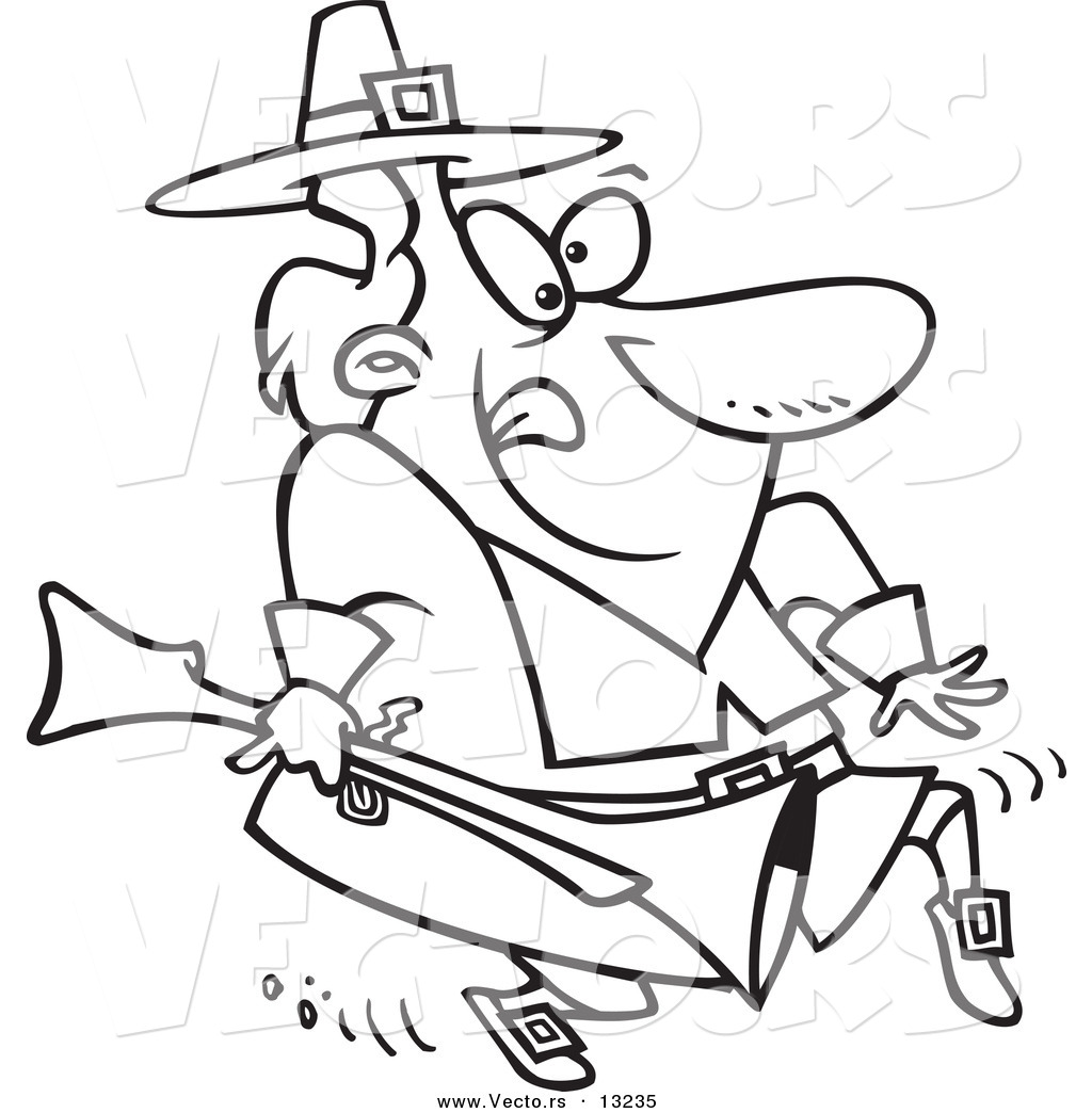 R of a cartoon pilgrim tip toeing and carrying a blunderbuss