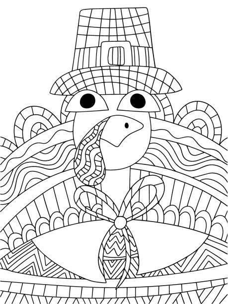 Cartoon thanksgiving day turkey bird in pilgrim hat vector coloring page for kids stock illustration