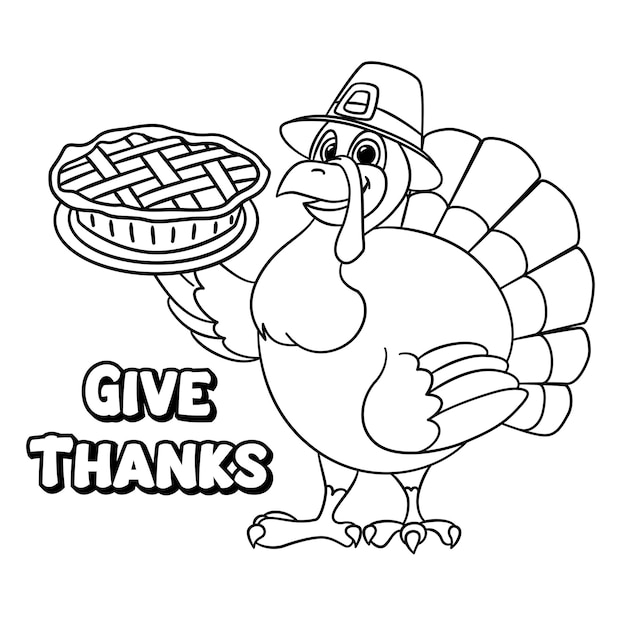 Premium vector cute cartoon turkey wearing a pilgrim hat wishes happy thanksgiving day outlined for coloring page on white background